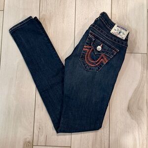 TRUE RELIGION Women’s Dark Wash Skinny Straight Jeans with Pink Accents, Size 25